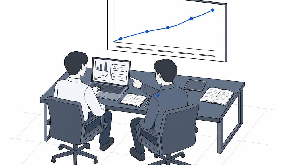 貴社担当者の横に NORR のコーチが座り、AI ツールの画面を指差しながらマンツーマンで説明し、壁面の右肩上がりの成長曲線で社内推進者として育てていく 1on1 シーン