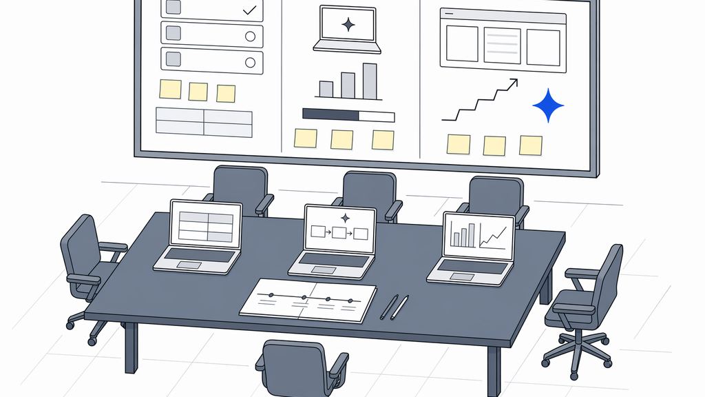 ツール選定・PoC・業務組み込みの 3 フェーズが壁面の kanban ボードに並び、ワーキングテーブルでは 3 台のラップトップとロードマップ資料が並行進行する AI 活用伴走プロジェクトのシーン