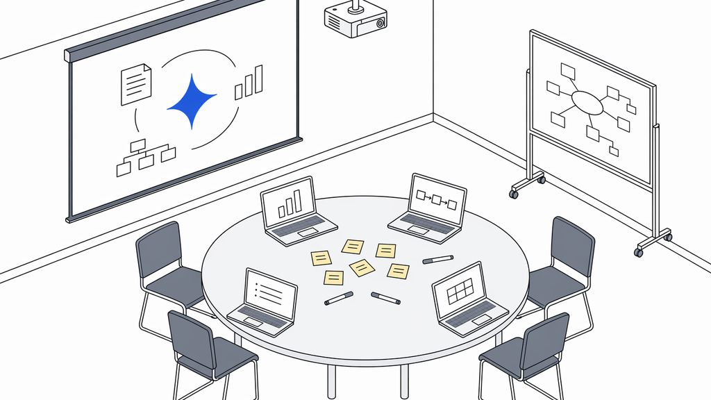 前方スクリーンで最新の AI 活用事例を学び、円卓で実務への AI 導入アイデアをディスカッションするセミナーシーンの概念図