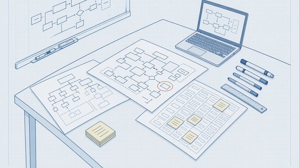 業務フロー図・付箋・マーカーが広がる設計セッションの机のアイソメトリック製図イラスト