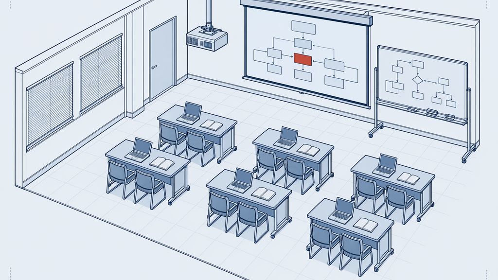 ノートPCが並んだデスク列とプロジェクター投影スクリーンを描いた研修ルームのアイソメトリック製図イラスト