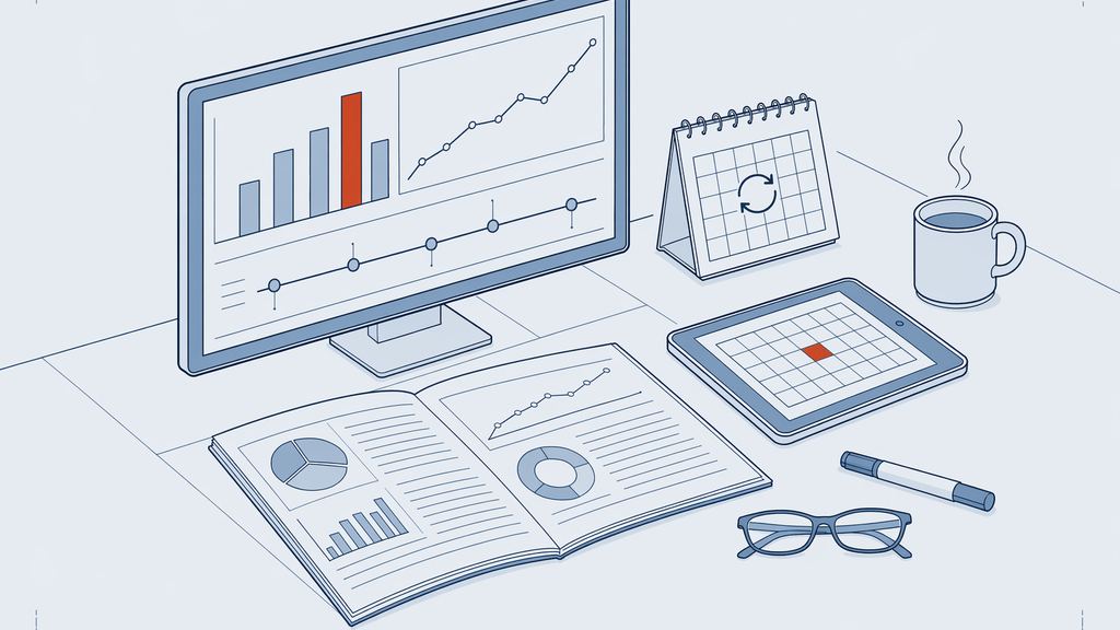 モニター上の KPI ダッシュボードと月次レポートが並ぶ机のアイソメトリック製図イラスト
